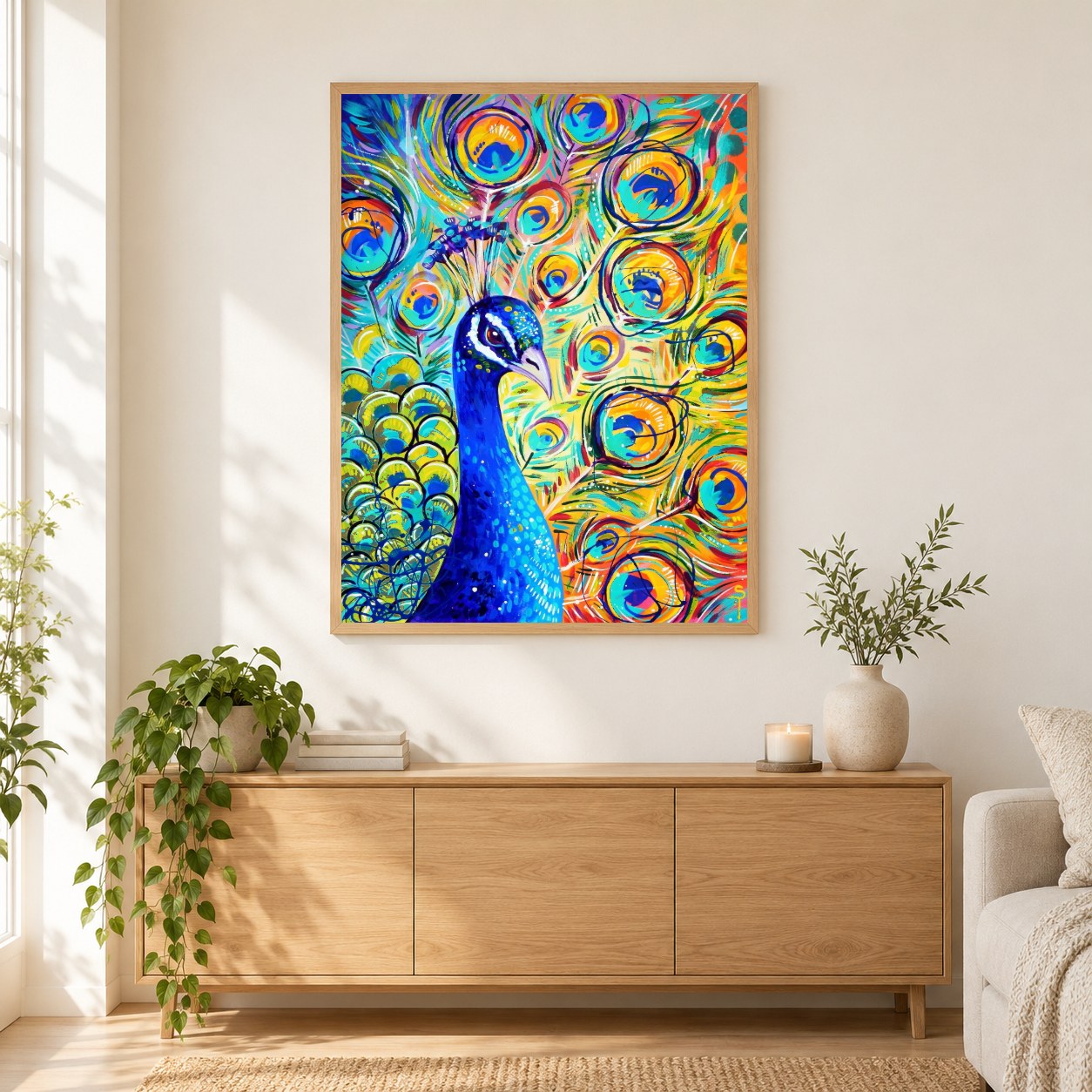 Pfau - Kunst des Sandra Trubin als gerahmtes Diamond Painting im Wohnzimmer