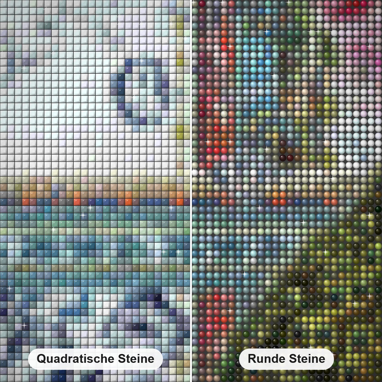 Pfauen I - Kunst des Barbara Behr Diamond Painting Nahaufnahme mit quadratischen und runden Steinen