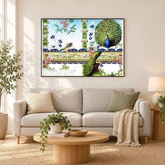 Pfauen II - Kunst des Barbara Behr als gerahmtes Diamond Painting im Wohnzimmer