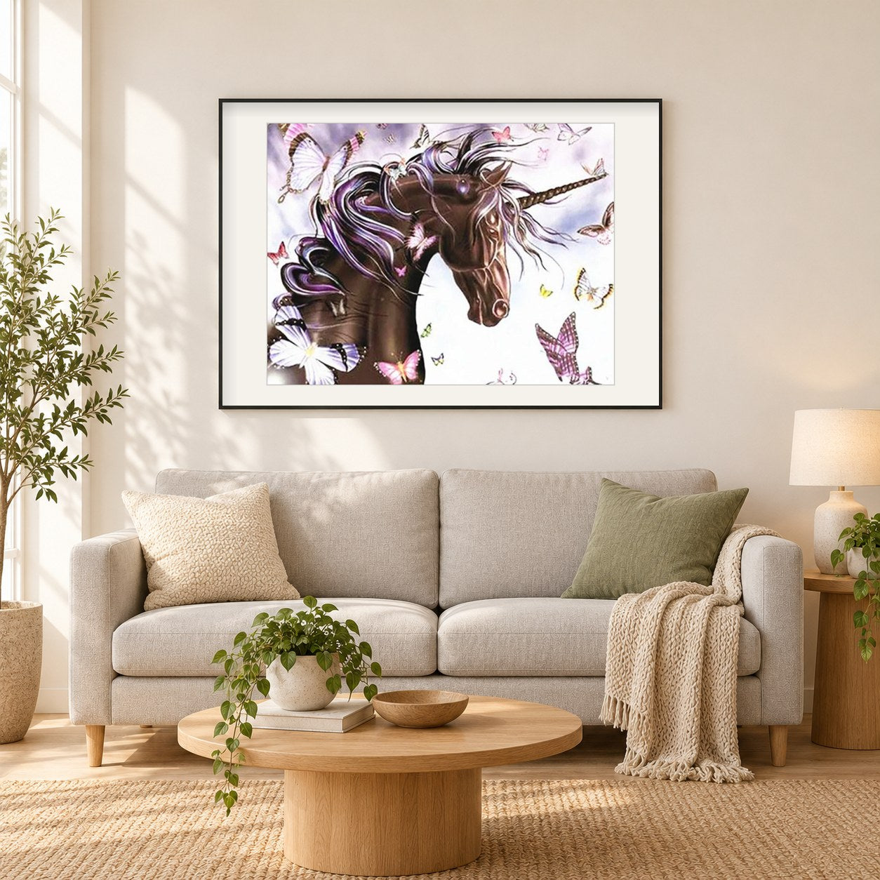 Pegasus Einhorn & Schmetterlinge als gerahmtes Diamond Painting im Wohnzimmer