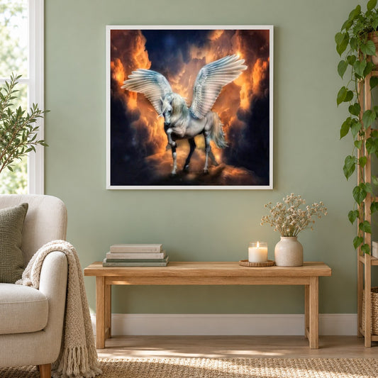 Pegasus Feuer als gerahmtes Diamond Painting im Wohnzimmer