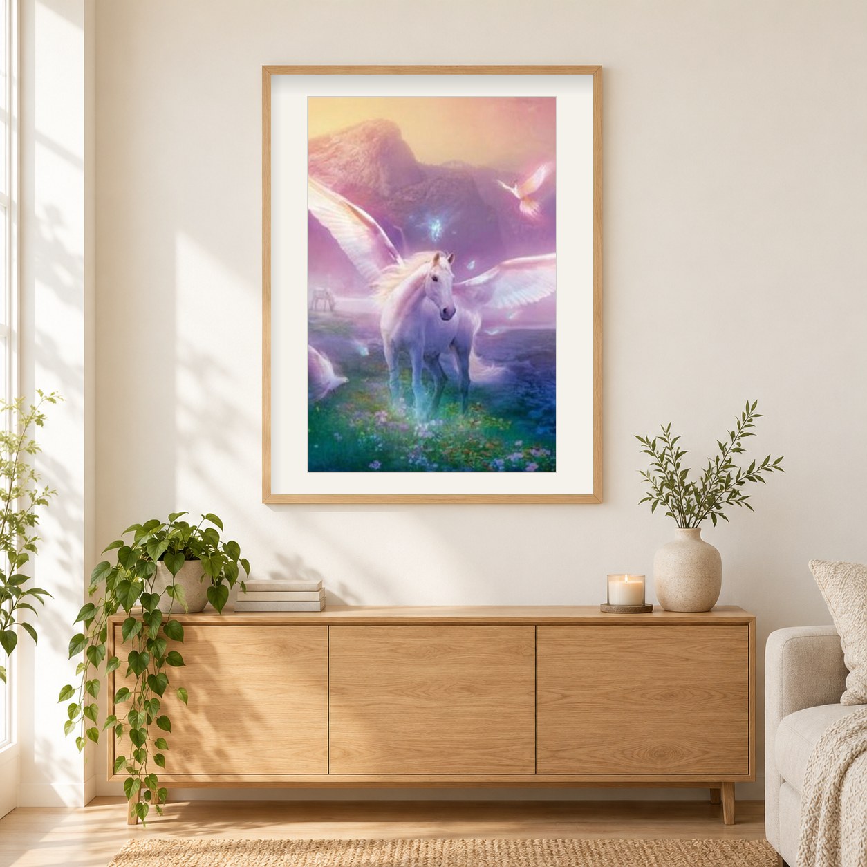 Pegasus Einhorn mit Flügeln als gerahmtes Diamond Painting im Wohnzimmer