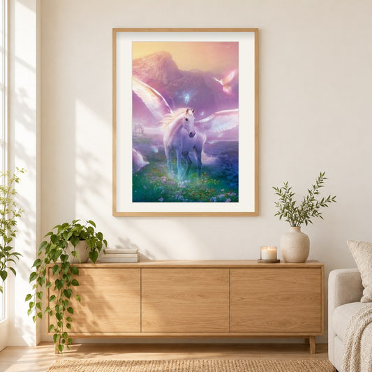 Pegasus Einhorn mit Flügeln als gerahmtes Diamond Painting im Wohnzimmer