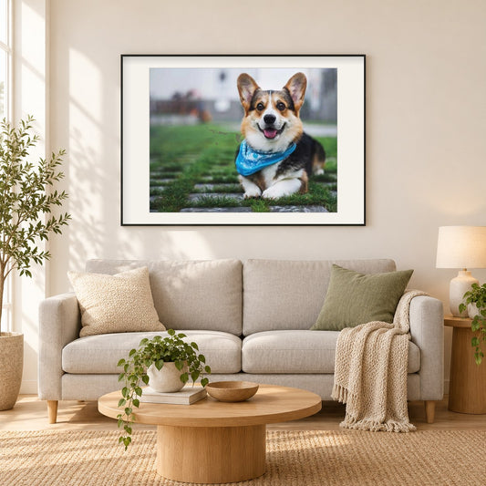 Pembroke Welsh Corgi als gerahmtes Diamond Painting im Wohnzimmer