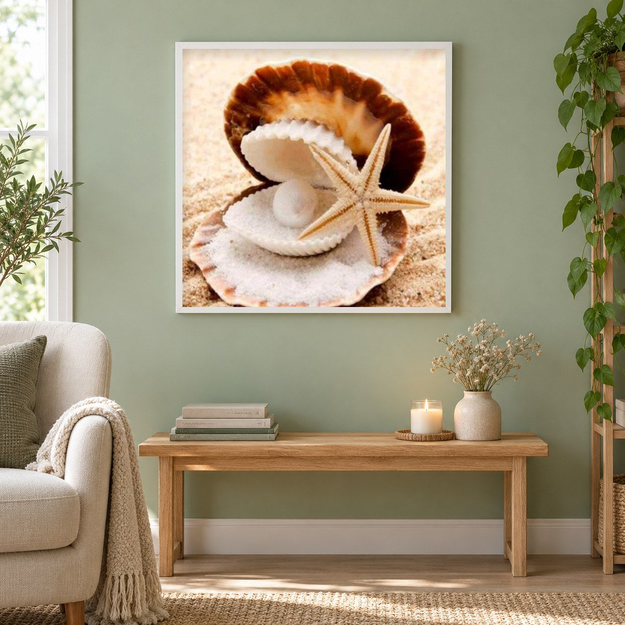 Perle in der Austern als gerahmtes Diamond Painting im Wohnzimmer