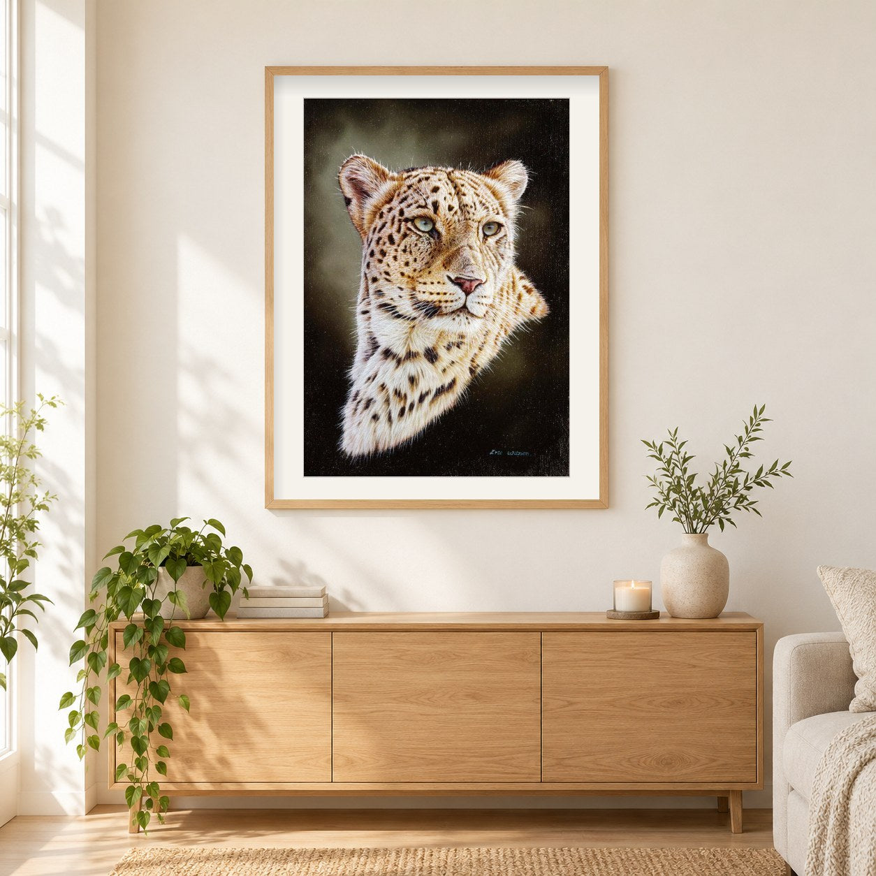 Porträt des persischen Leoparden -  Kunst des Eric Wilson als gerahmtes Diamond Painting im Wohnzimmer