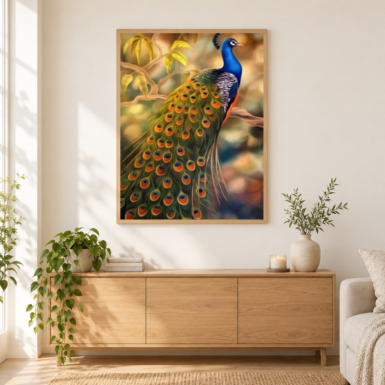Pfau sitzt auf Ast als gerahmtes Diamond Painting im Wohnzimmer