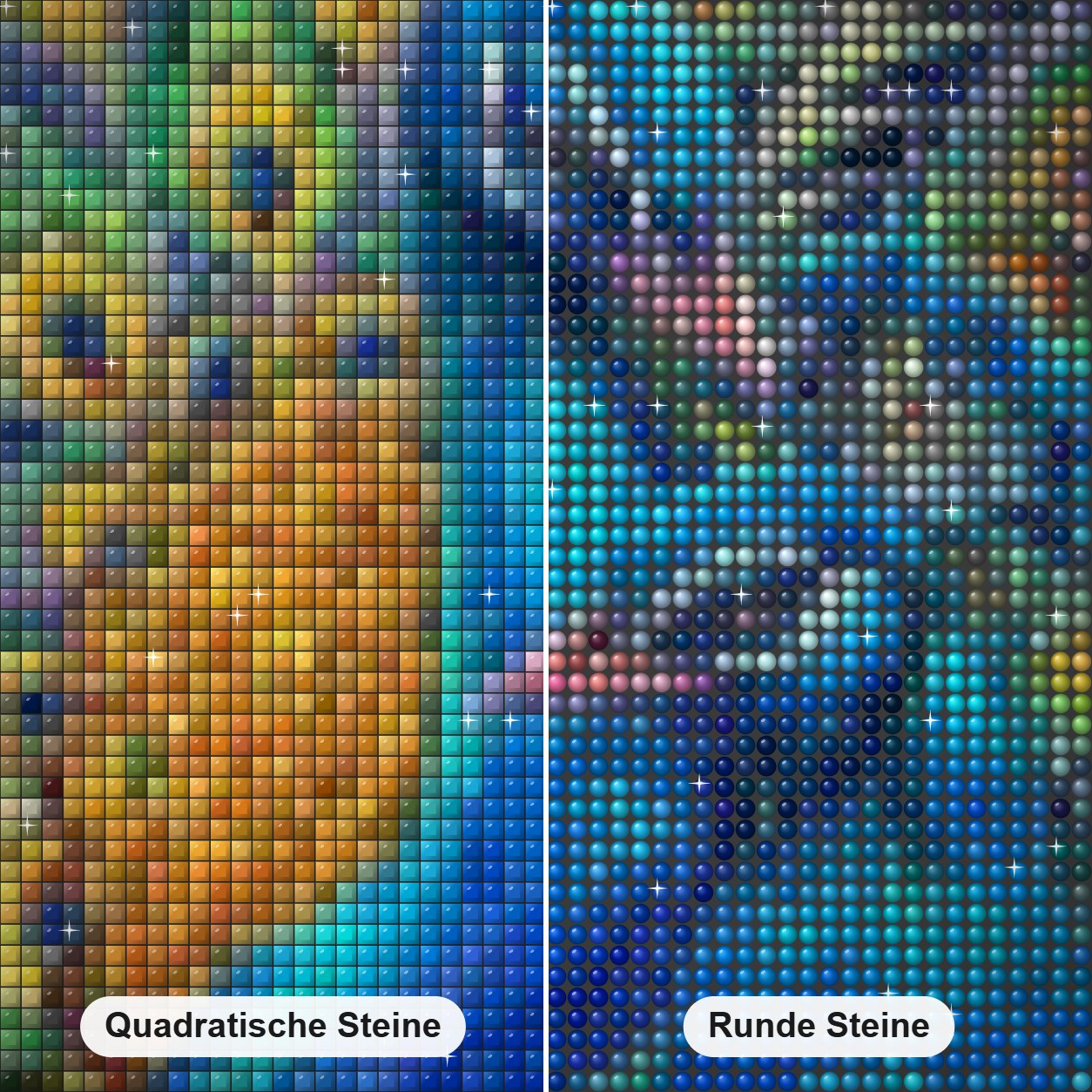 Pfauen Diamond Painting Nahaufnahme mit quadratischen und runden Steinen