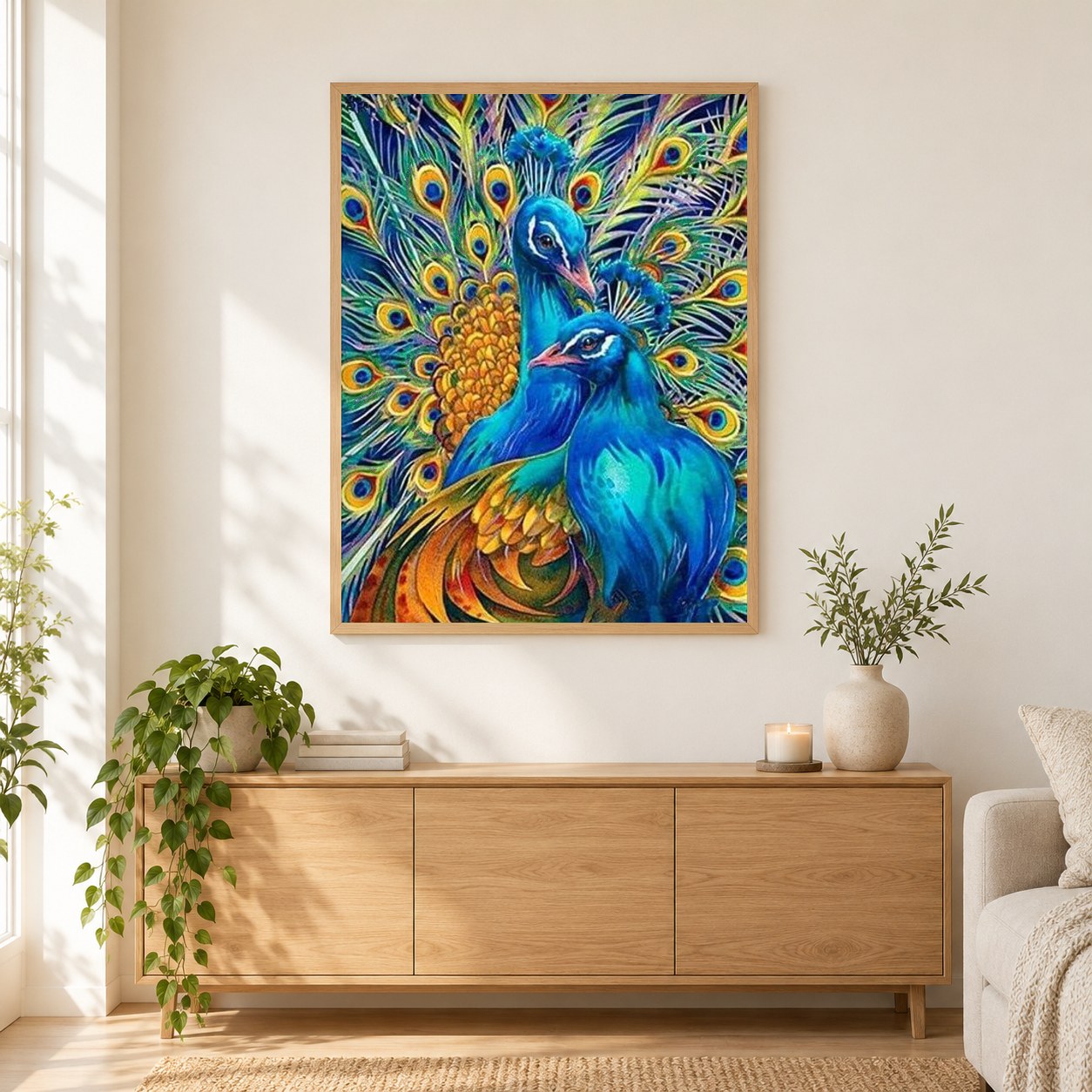 Pfauen als gerahmtes Diamond Painting im Wohnzimmer