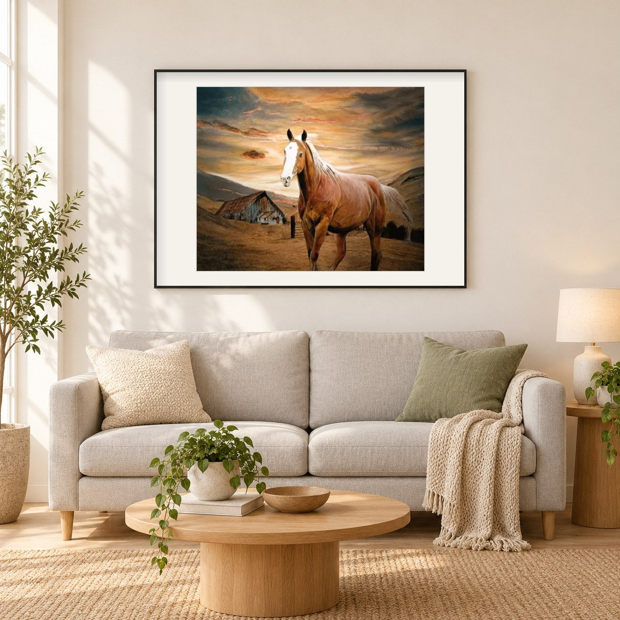 Pferd als gerahmtes Diamond Painting im Wohnzimmer