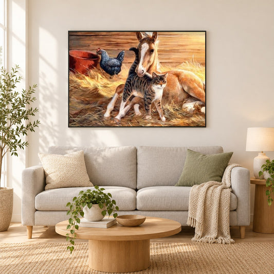 Pferd, Katze & Huhn als gerahmtes Diamond Painting im Wohnzimmer