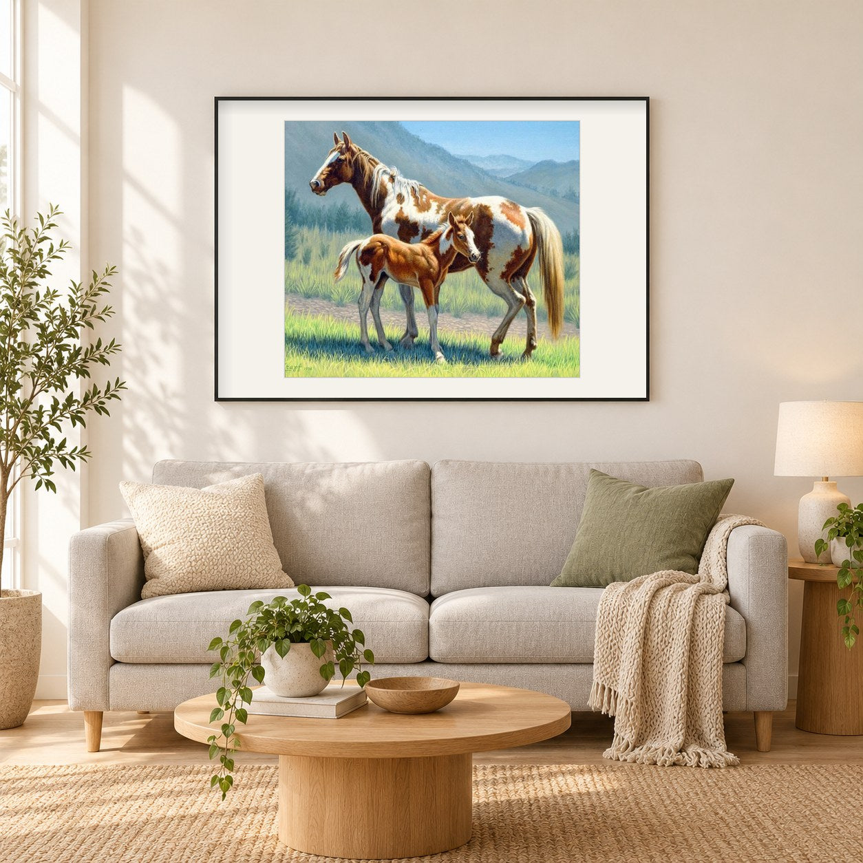 Pferd mit Fohlen als gerahmtes Diamond Painting im Wohnzimmer
