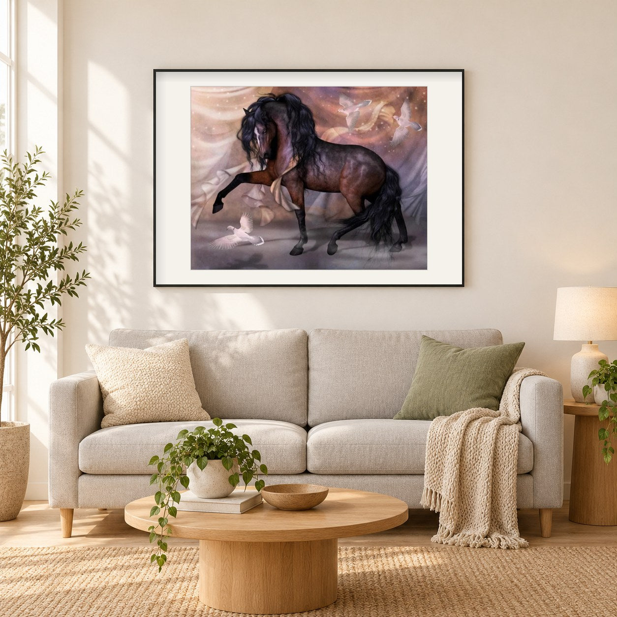 Pferd & Tauben als gerahmtes Diamond Painting im Wohnzimmer