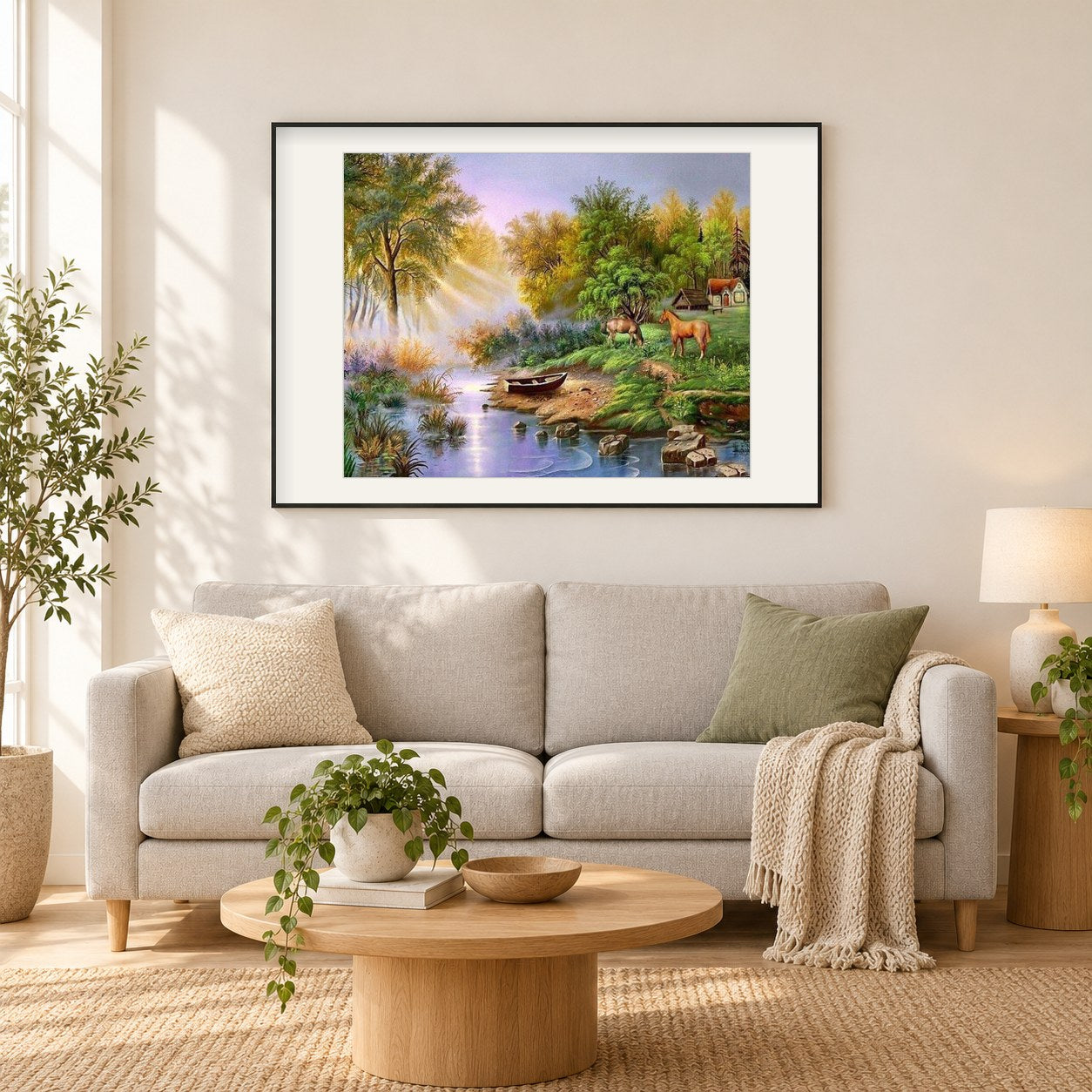 Pferde, die am See grasen als gerahmtes Diamond Painting im Wohnzimmer