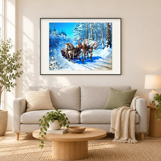 Pferde, die einen Wagen im Schnee tragen als gerahmtes Diamond Painting im Wohnzimmer