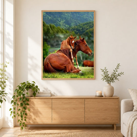 Pferdebaby, das die Mutter umarmt als gerahmtes Diamond Painting im Wohnzimmer