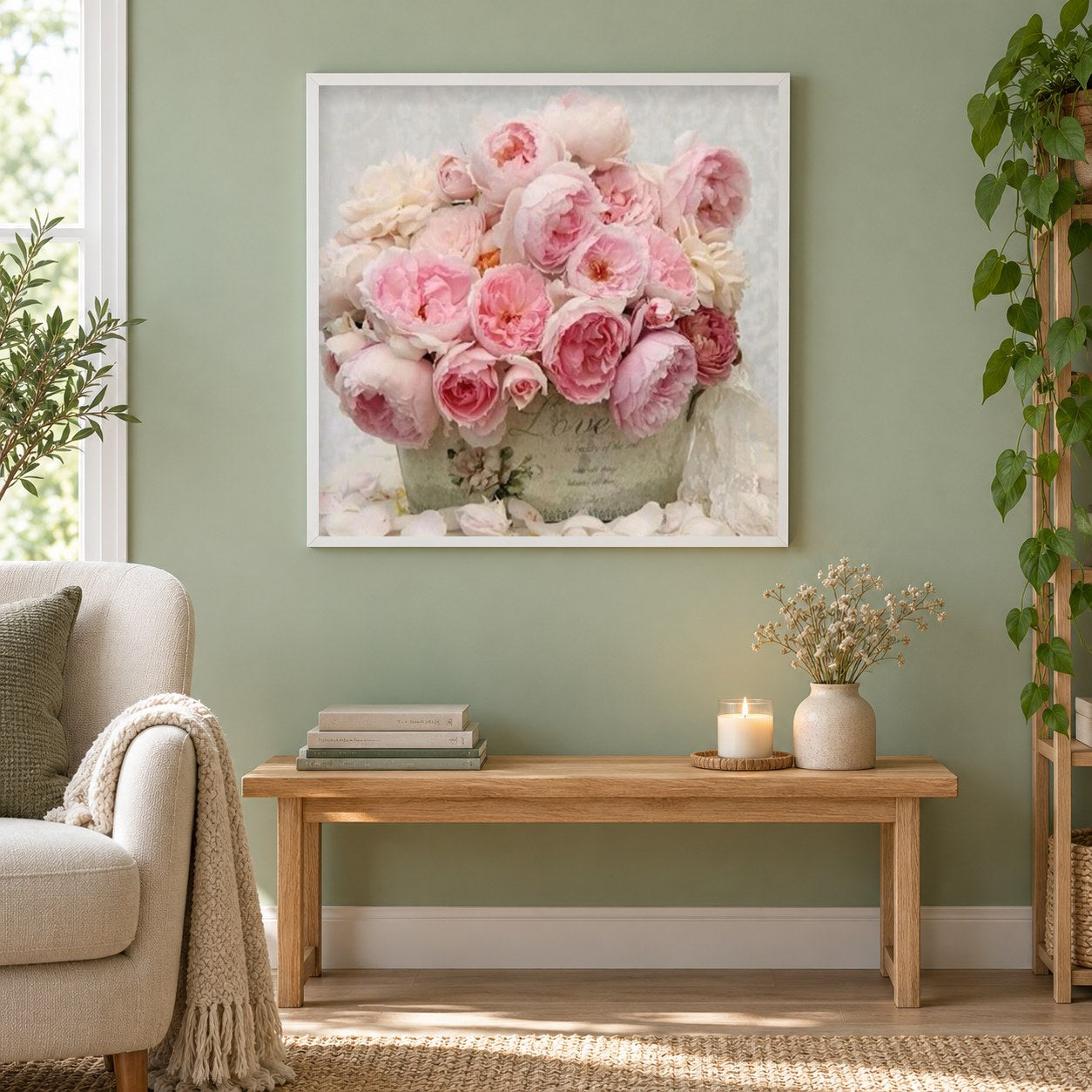Pfingstrose 3D als gerahmtes Diamond Painting im Wohnzimmer