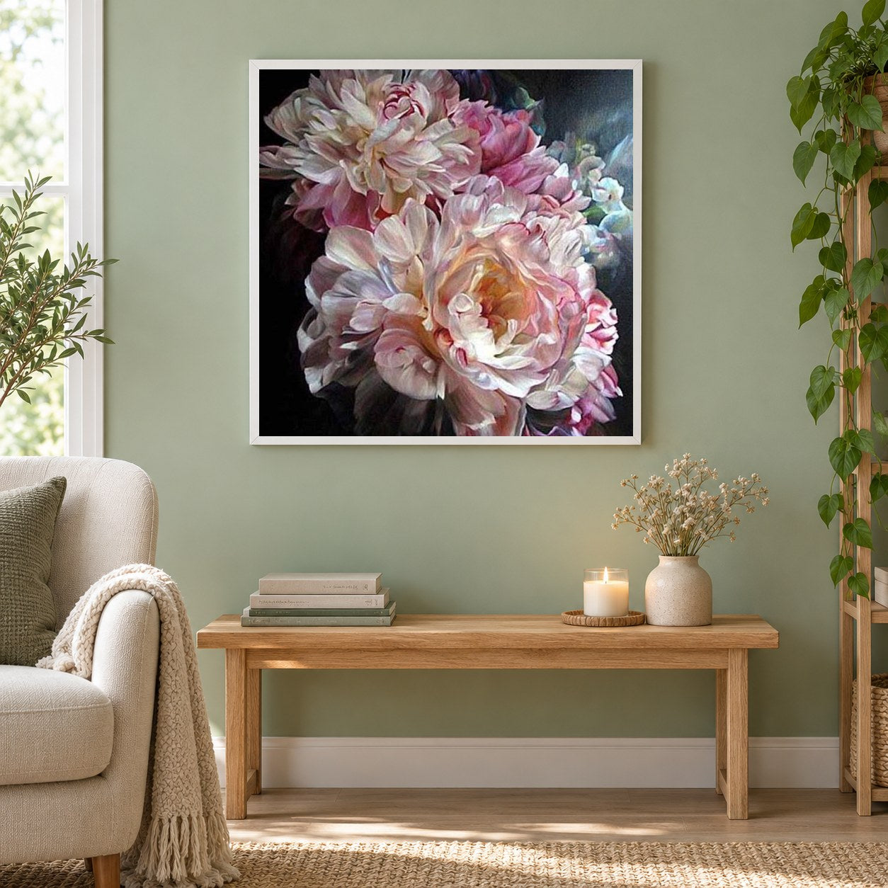 Pfingstrosen Blume Nahaufnahme als gerahmtes Diamond Painting im Wohnzimmer