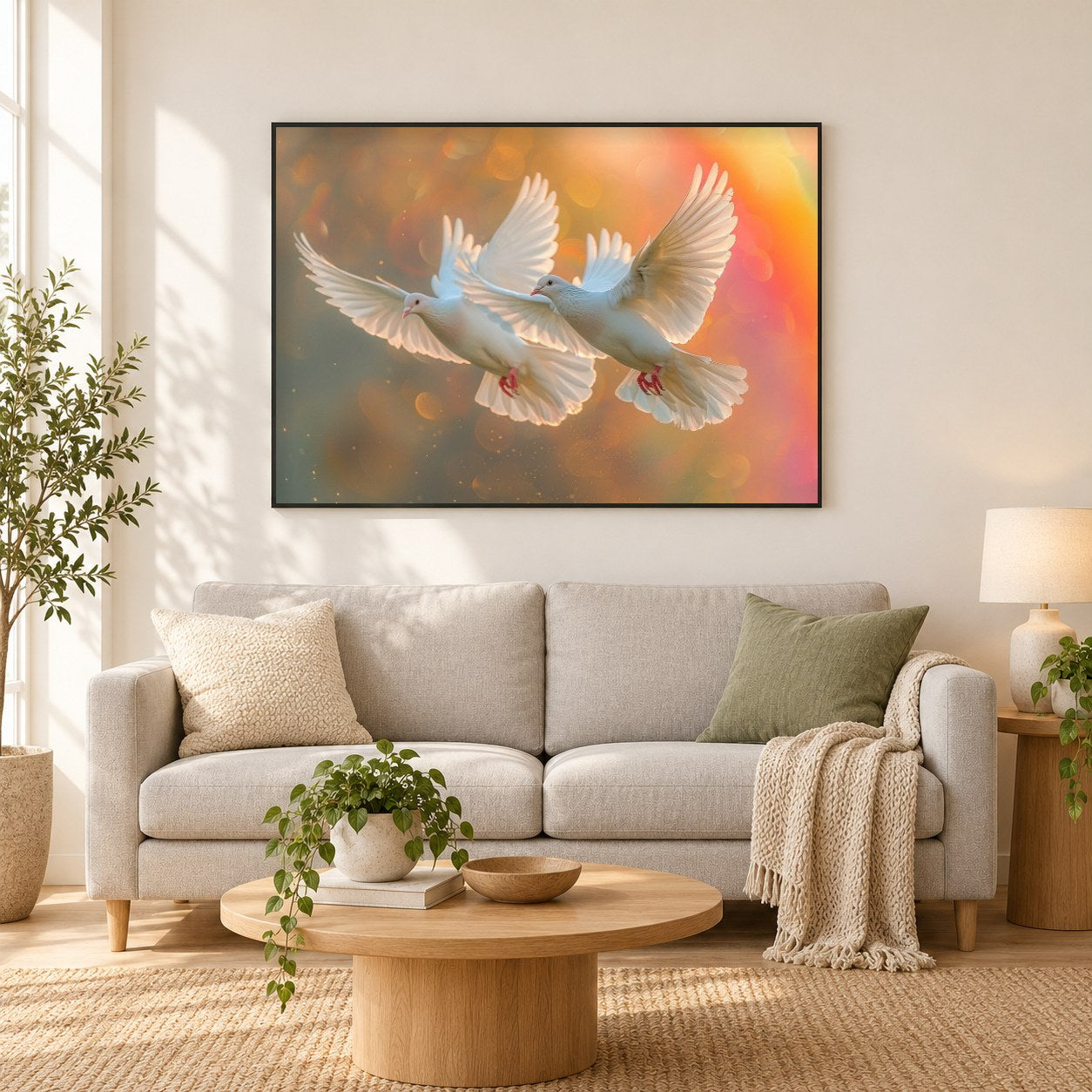 Tauben im eleganten Flug als gerahmtes Diamond Painting im Wohnzimmer