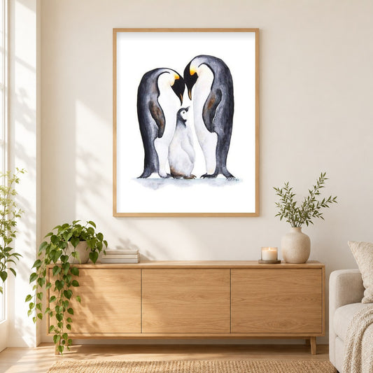 Pinguine paaren sich mit Baby als gerahmtes Diamond Painting im Wohnzimmer