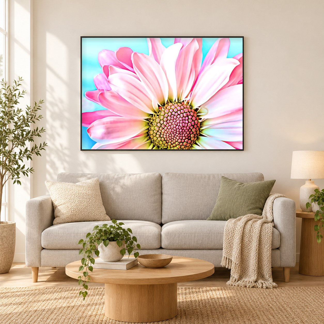 Rosa Dahlie - Kunst des Denise Dundon als gerahmtes Diamond Painting im Wohnzimmer