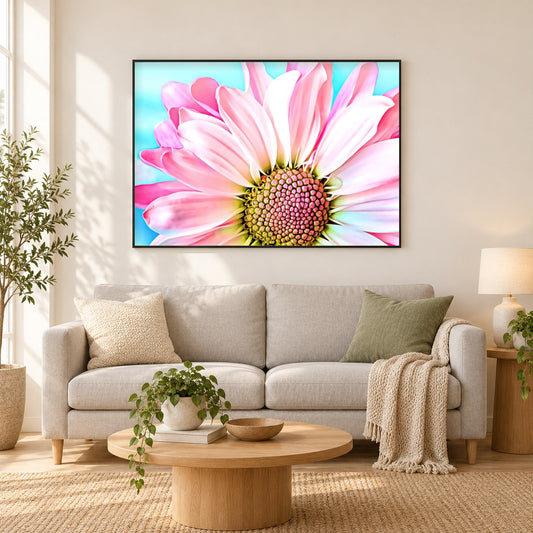 Rosa Dahlie - Kunst des Denise Dundon als gerahmtes Diamond Painting im Wohnzimmer
