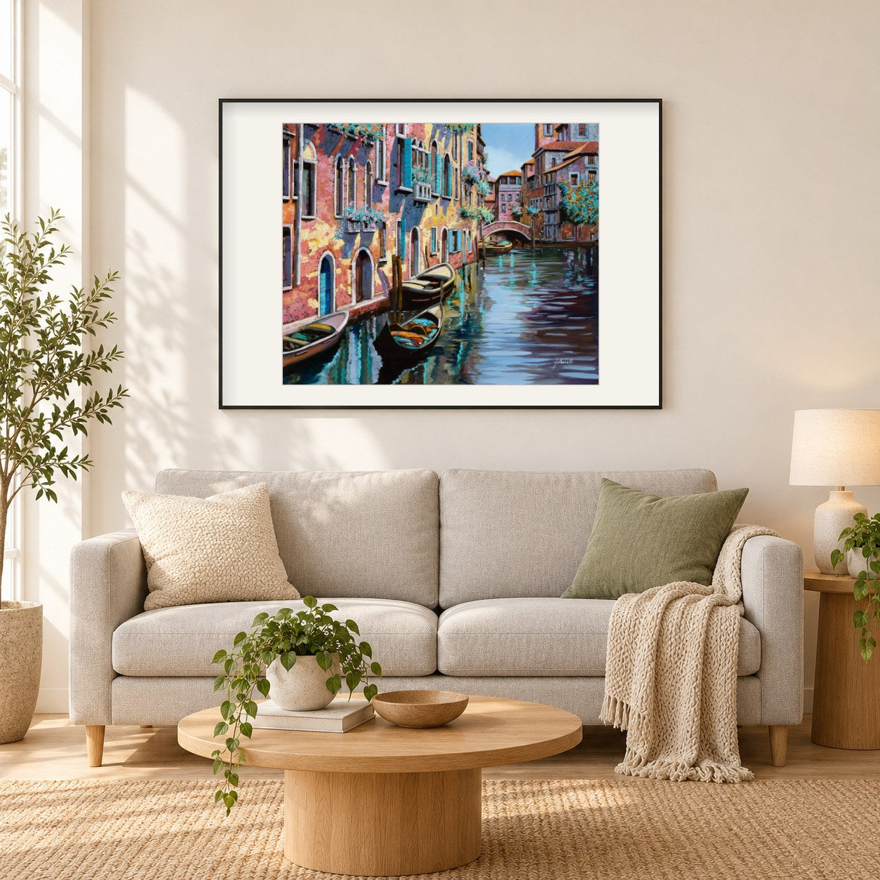 Rosa Venedig - Kunst des Guido Borelli als gerahmtes Diamond Painting im Wohnzimmer
