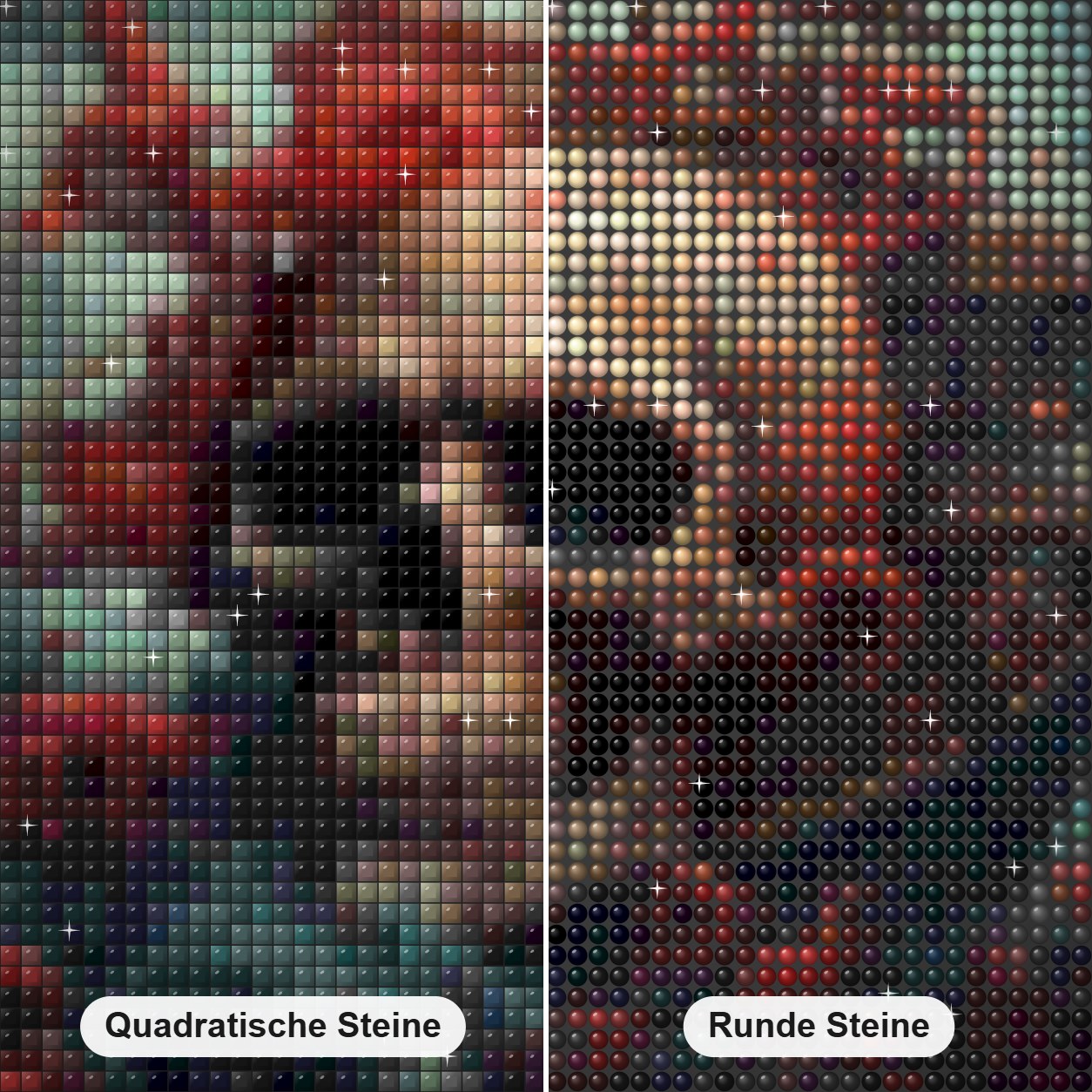 Piratenschädel-Diamantkunst Diamond Painting Nahaufnahme mit quadratischen und runden Steinen