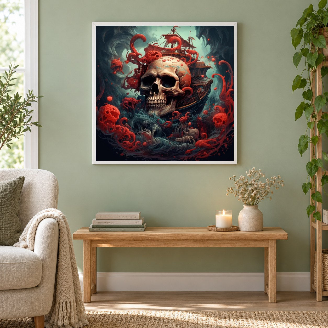 Piratenschädel-Diamantkunst als gerahmtes Diamond Painting im Wohnzimmer