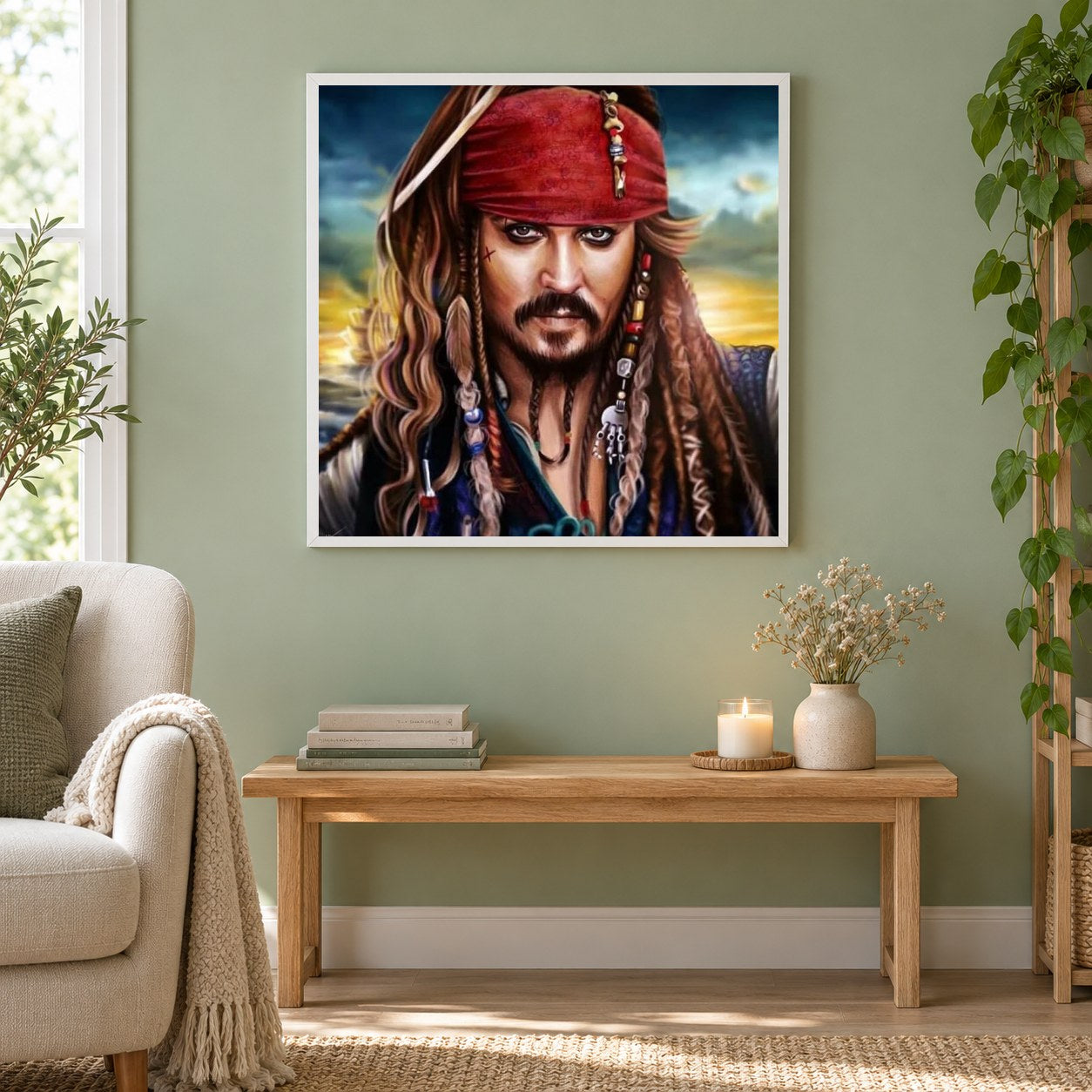 Piratenkapitän Jack als gerahmtes Diamond Painting im Wohnzimmer