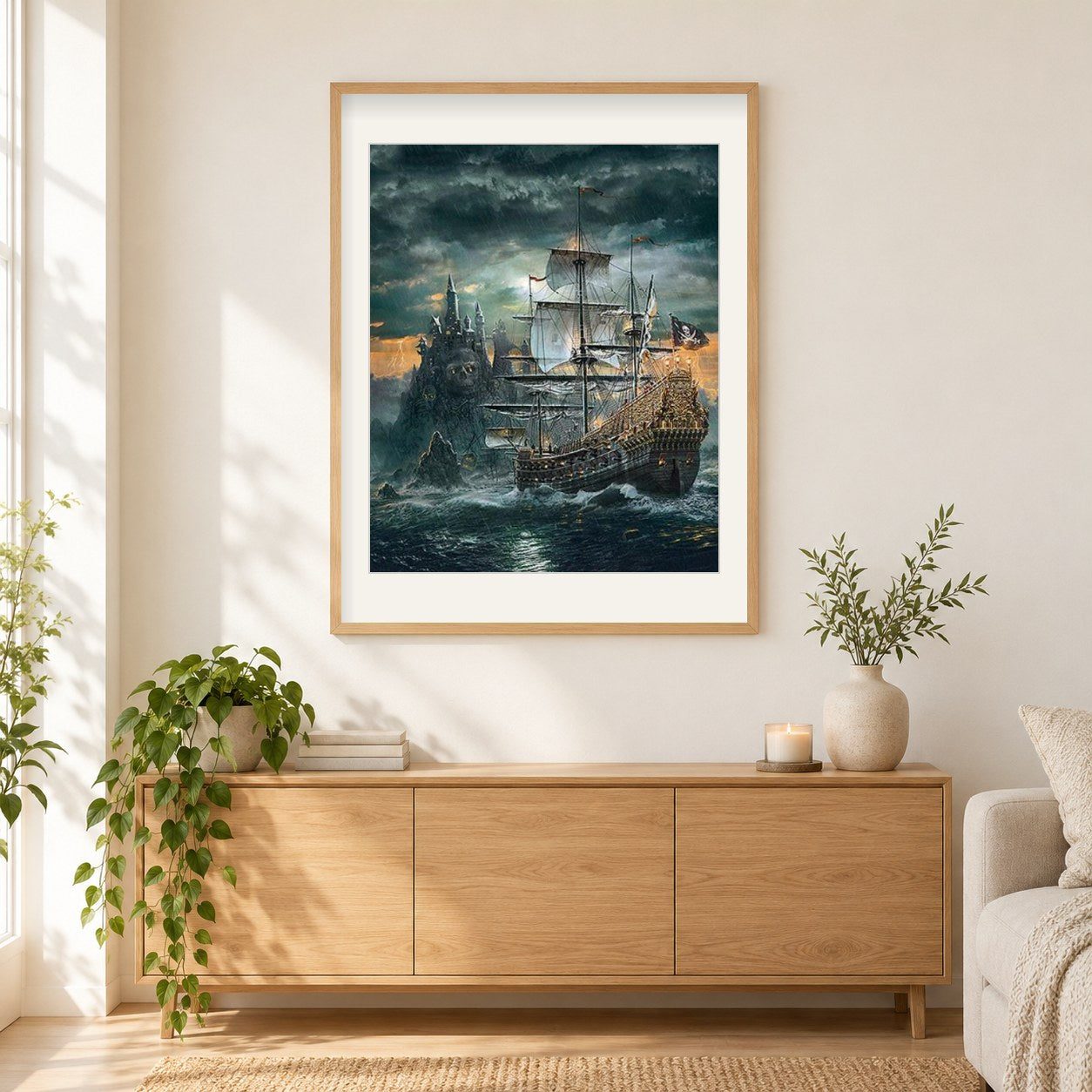 Piratenschiff als gerahmtes Diamond Painting im Wohnzimmer