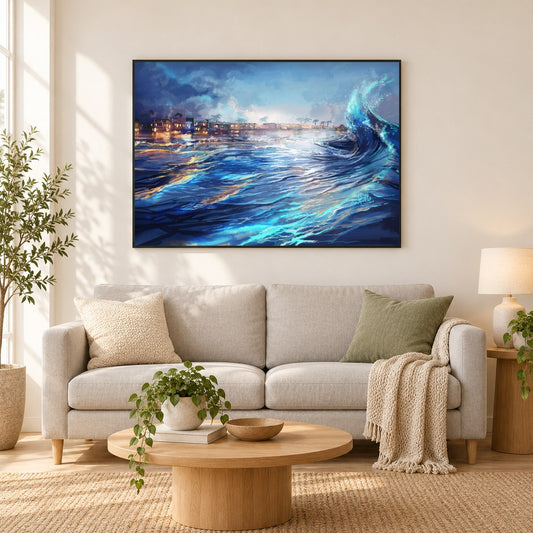 Pismo-Strand - Kunst des Jean Guillet als gerahmtes Diamond Painting im Wohnzimmer