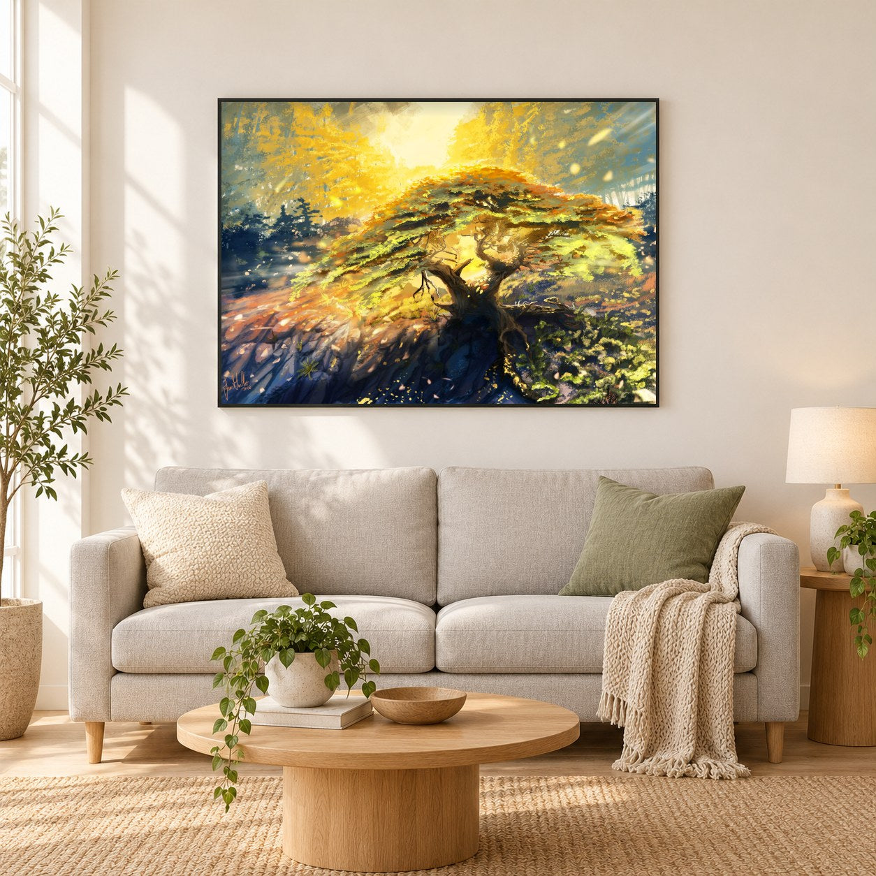 Punkt-Lobos-Zypresse - Kunst des Jean Guillet als gerahmtes Diamond Painting im Wohnzimmer