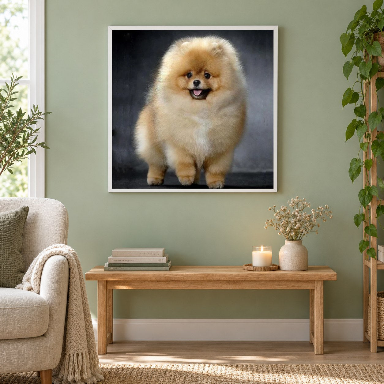Pomeranian als gerahmtes Diamond Painting im Wohnzimmer