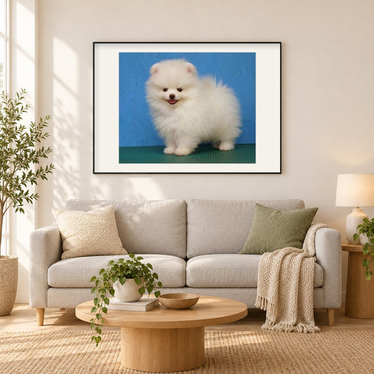 Pommerscher flauschiger Welp als gerahmtes Diamond Painting im Wohnzimmer