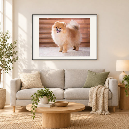 Pommerscher Welpe als gerahmtes Diamond Painting im Wohnzimmer