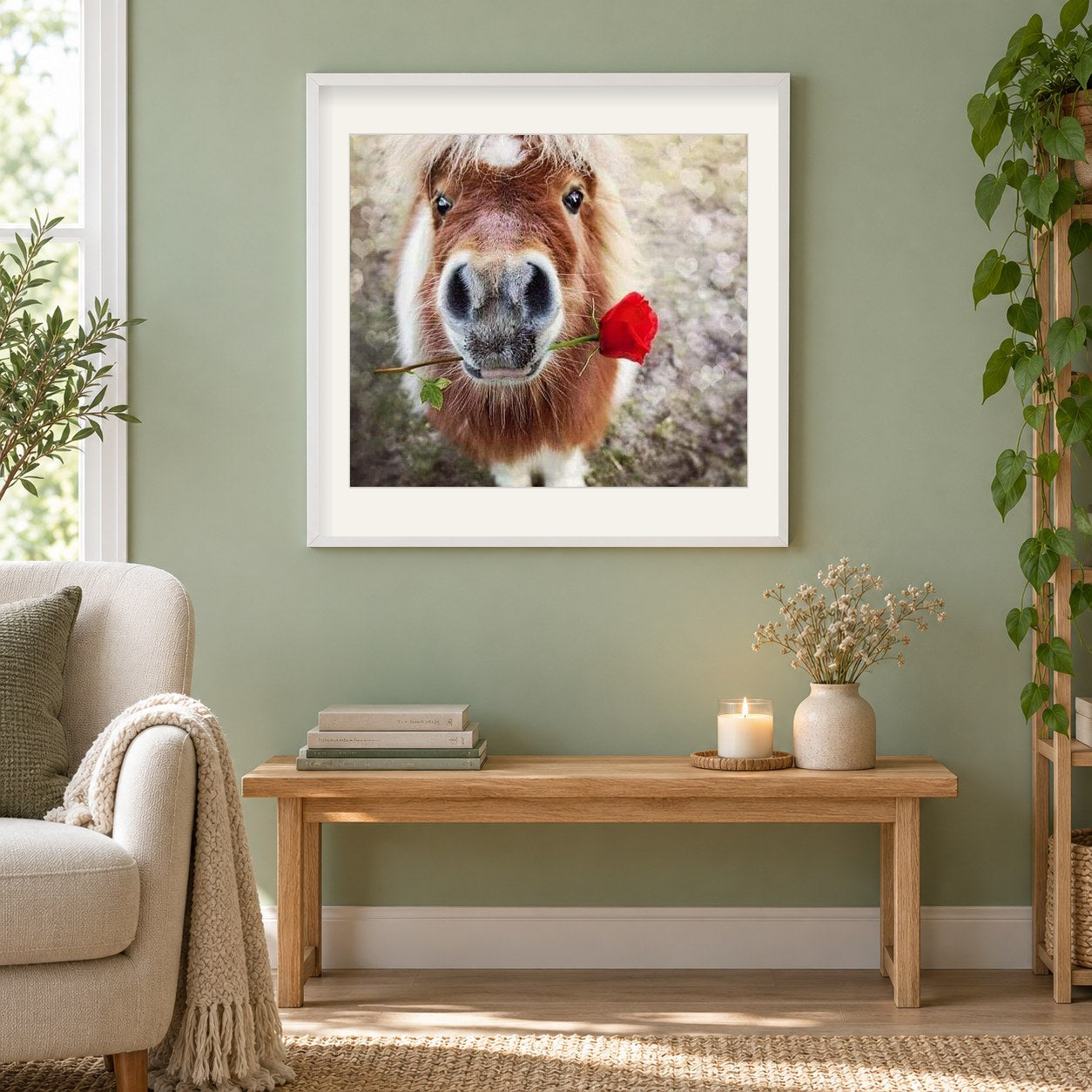 Pony mit roter Rose als gerahmtes Diamond Painting im Wohnzimmer