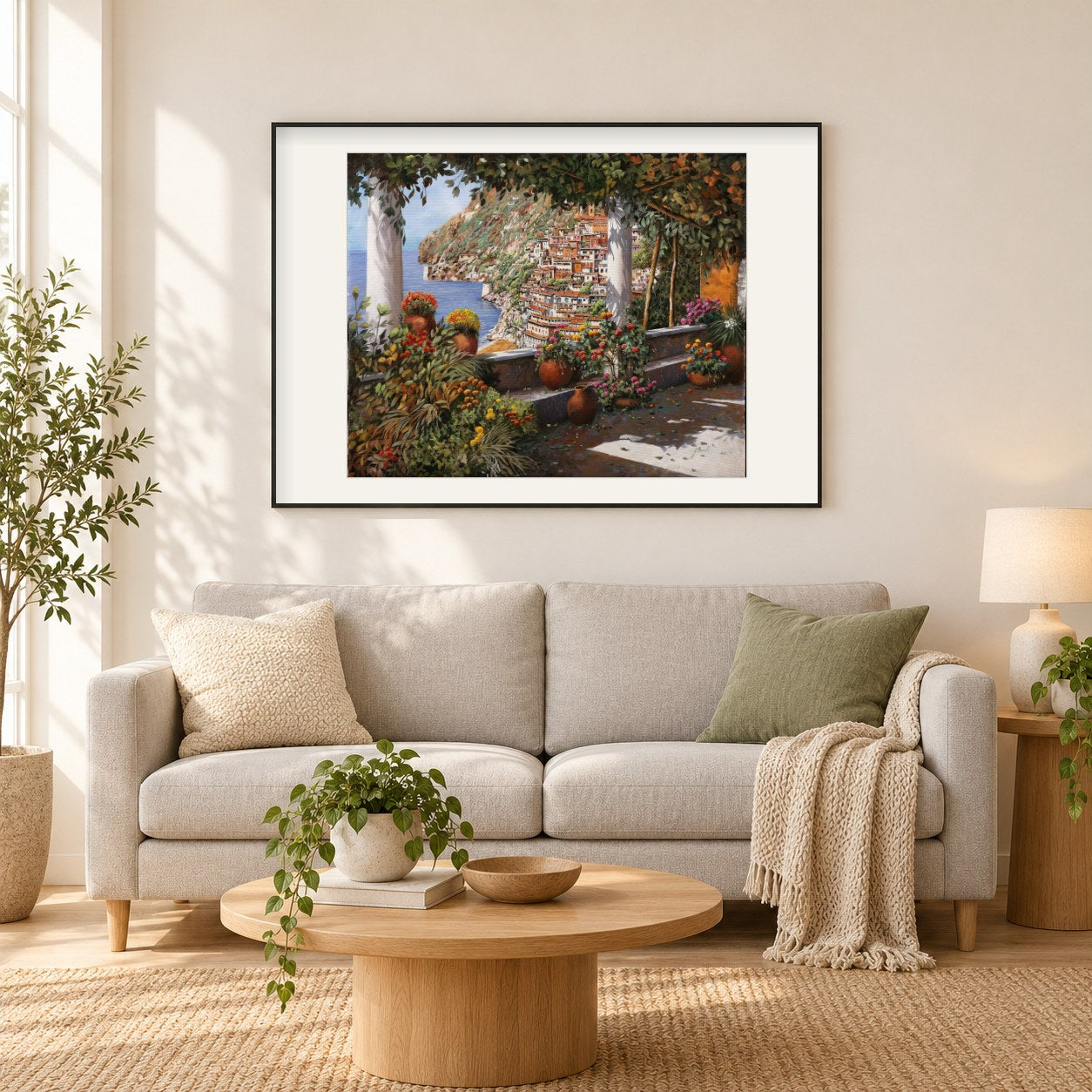 Positano von einer schönen Terrasse - Kunst des Guido Borelli als gerahmtes Diamond Painting im Wohnzimmer