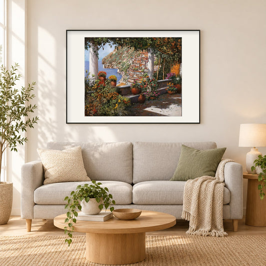Positano von einer schönen Terrasse - Kunst des Guido Borelli als gerahmtes Diamond Painting im Wohnzimmer