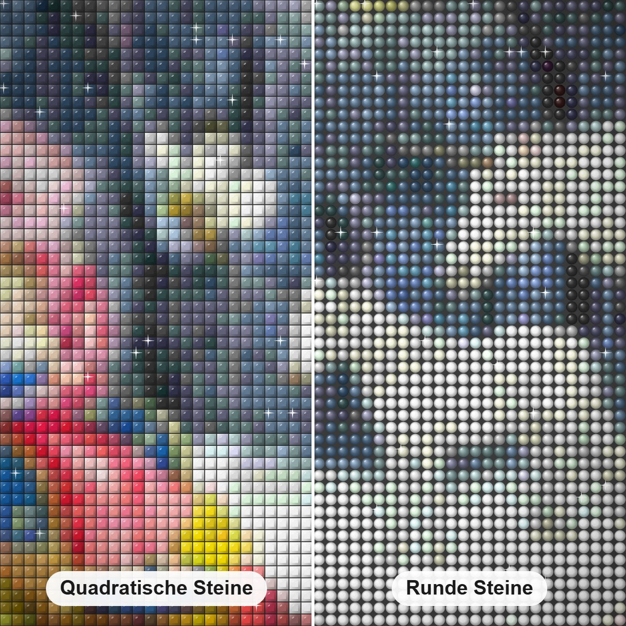 Prinzessin und Einhörner - Kunst des Barbara Behr Diamond Painting Nahaufnahme mit quadratischen und runden Steinen
