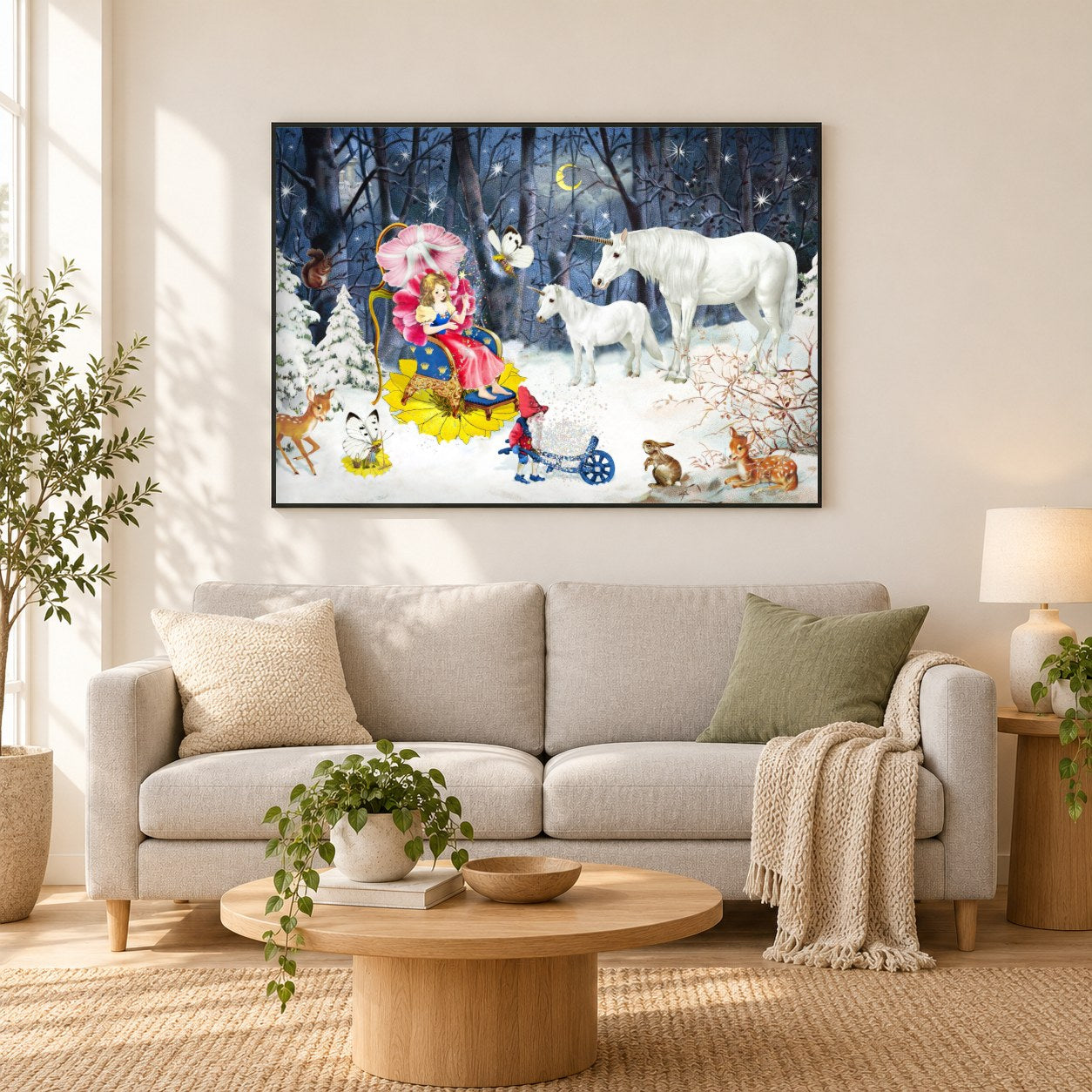 Prinzessin und Einhörner - Kunst des Barbara Behr als gerahmtes Diamond Painting im Wohnzimmer