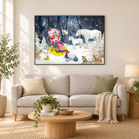 Prinzessin und Einhörner - Kunst des Barbara Behr als gerahmtes Diamond Painting im Wohnzimmer