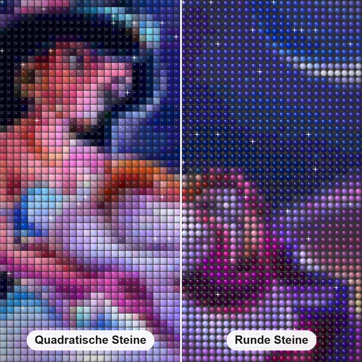 Prinzessin Jasmin mit einem Löwen Diamond Painting Nahaufnahme mit quadratischen und runden Steinen