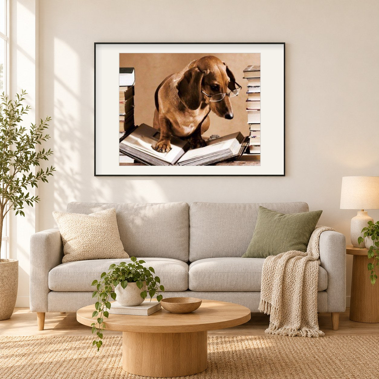 Professor Dog als gerahmtes Diamond Painting im Wohnzimmer