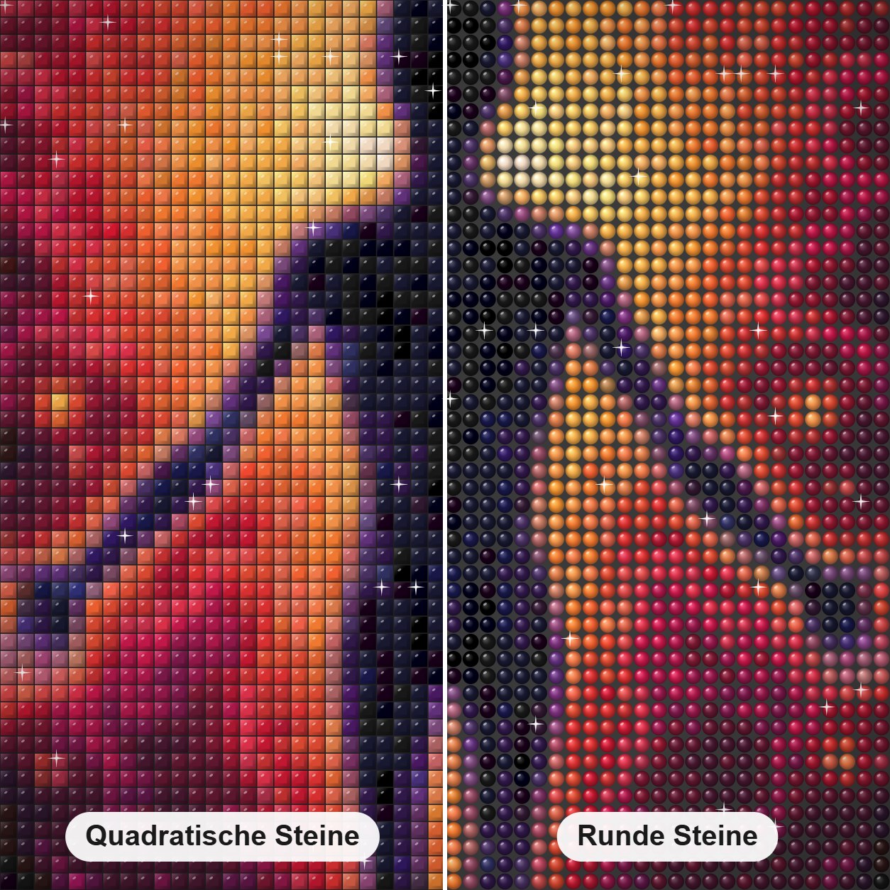 Psychedelische Energie-Diamantkunst Diamond Painting Nahaufnahme mit quadratischen und runden Steinen