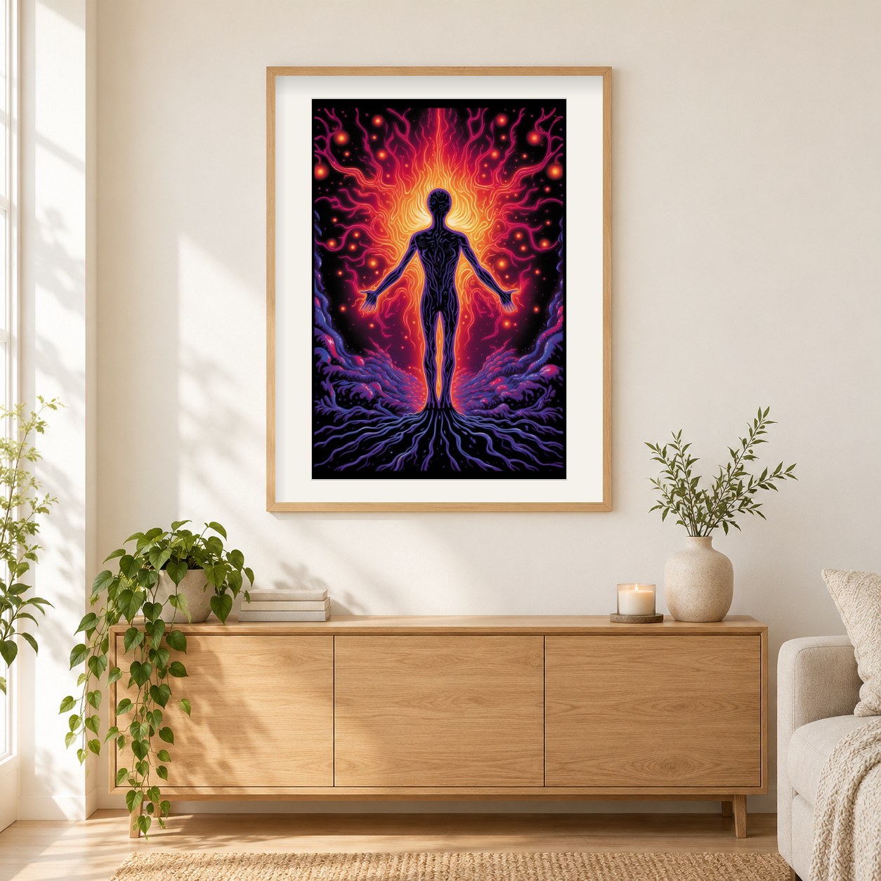 Psychedelische Energie-Diamantkunst als gerahmtes Diamond Painting im Wohnzimmer