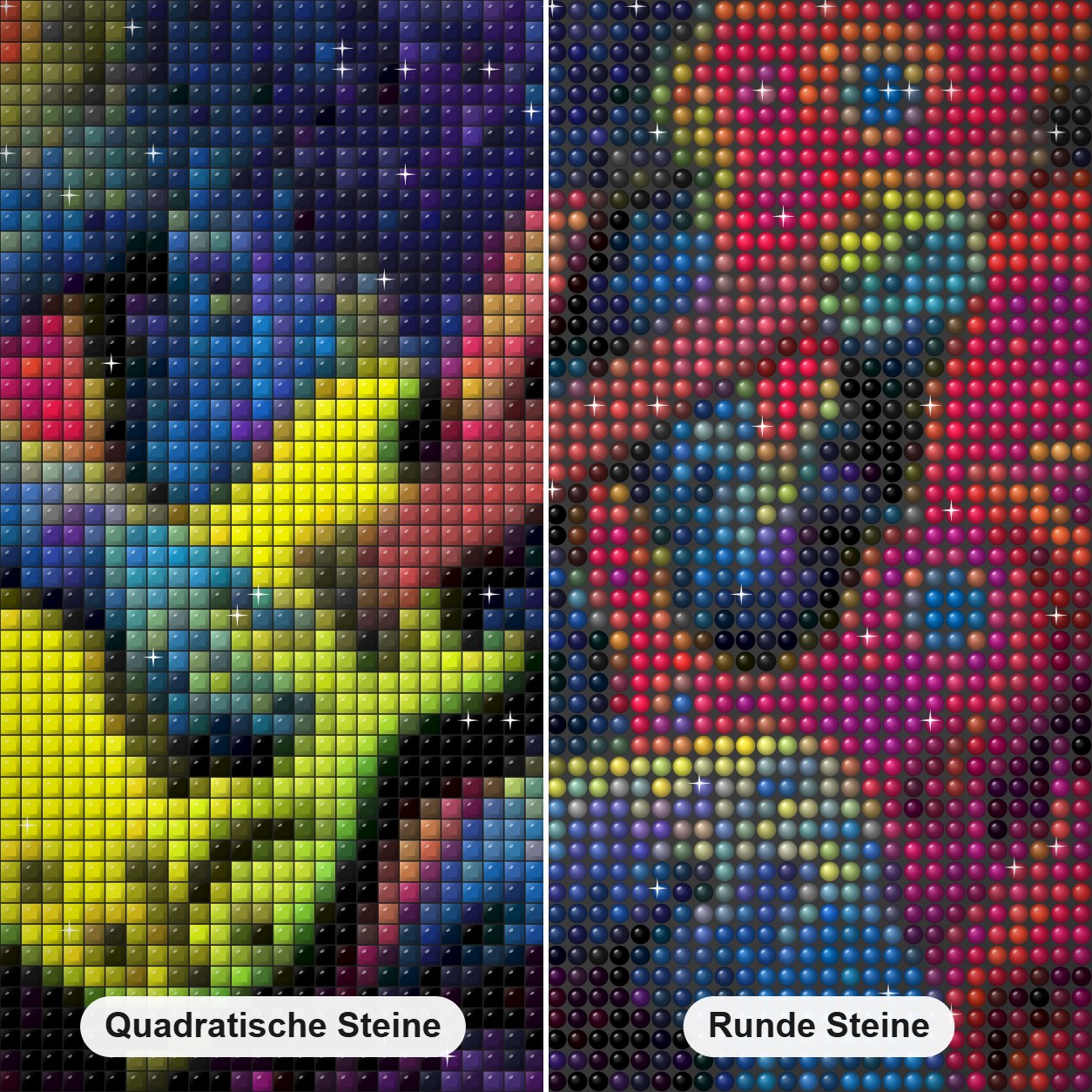 Psychedelischer Musiker Diamond Painting Nahaufnahme mit quadratischen und runden Steinen