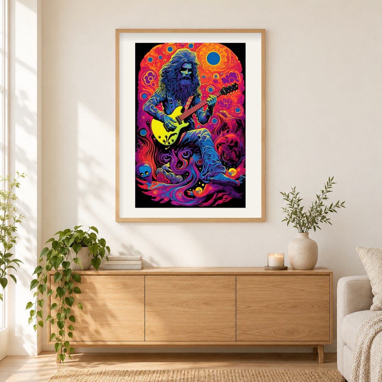 Psychedelischer Musiker als gerahmtes Diamond Painting im Wohnzimmer