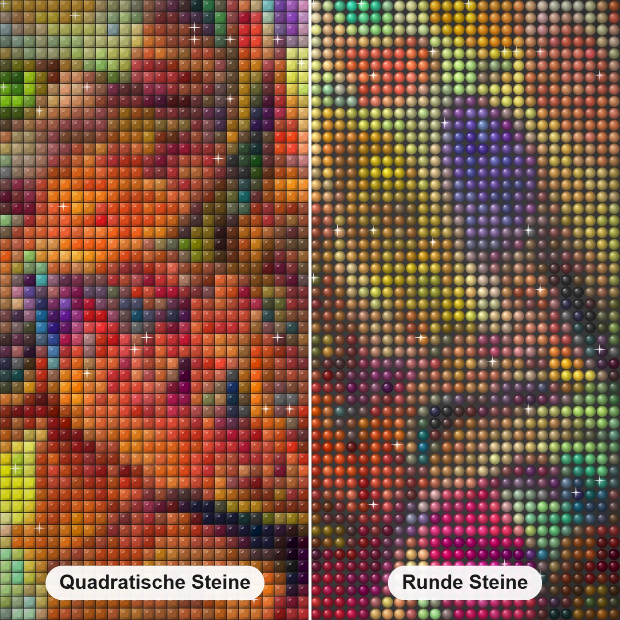 psychedelische Katze - Diamant Art Kit Diamond Painting Nahaufnahme mit quadratischen und runden Steinen
