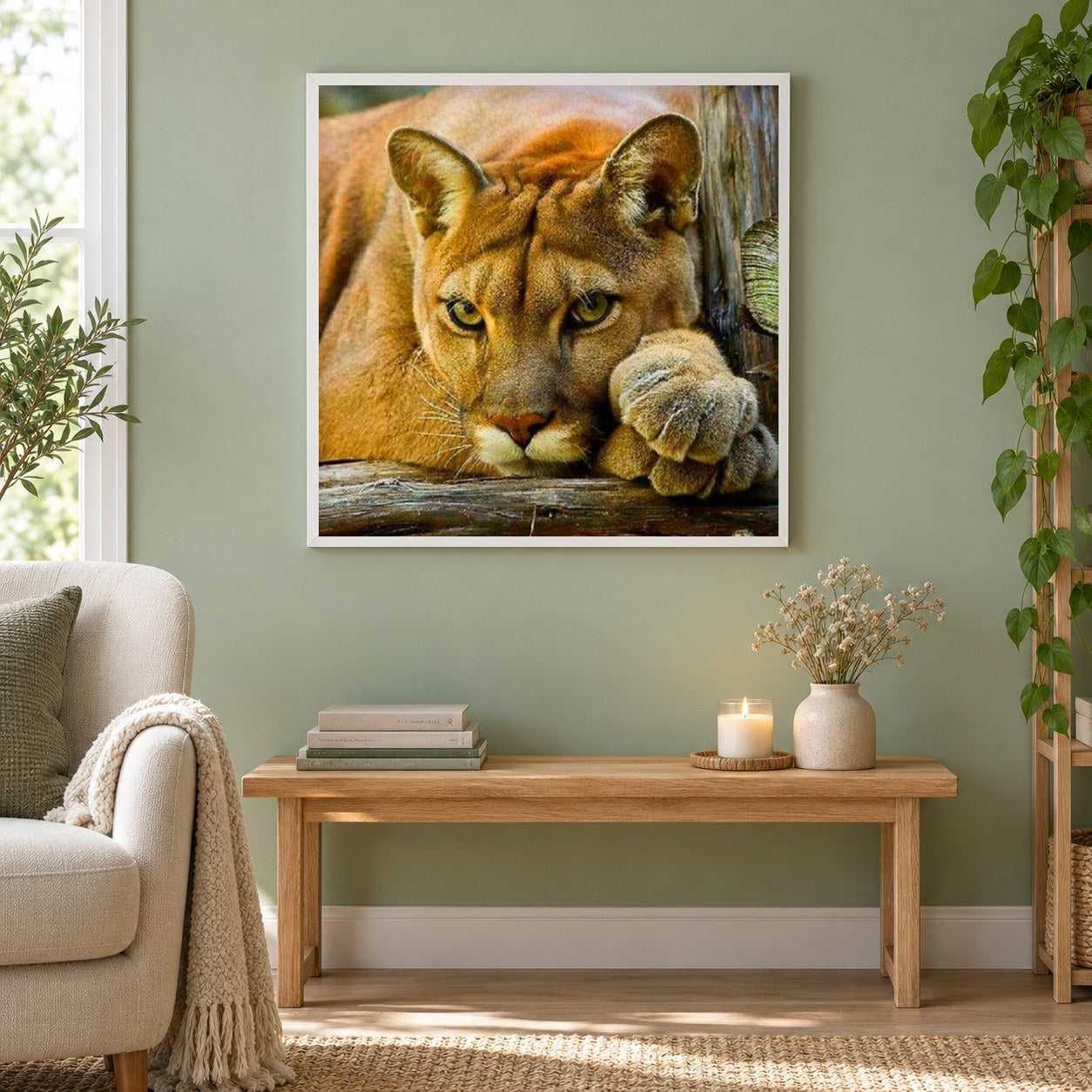 Puma als gerahmtes Diamond Painting im Wohnzimmer